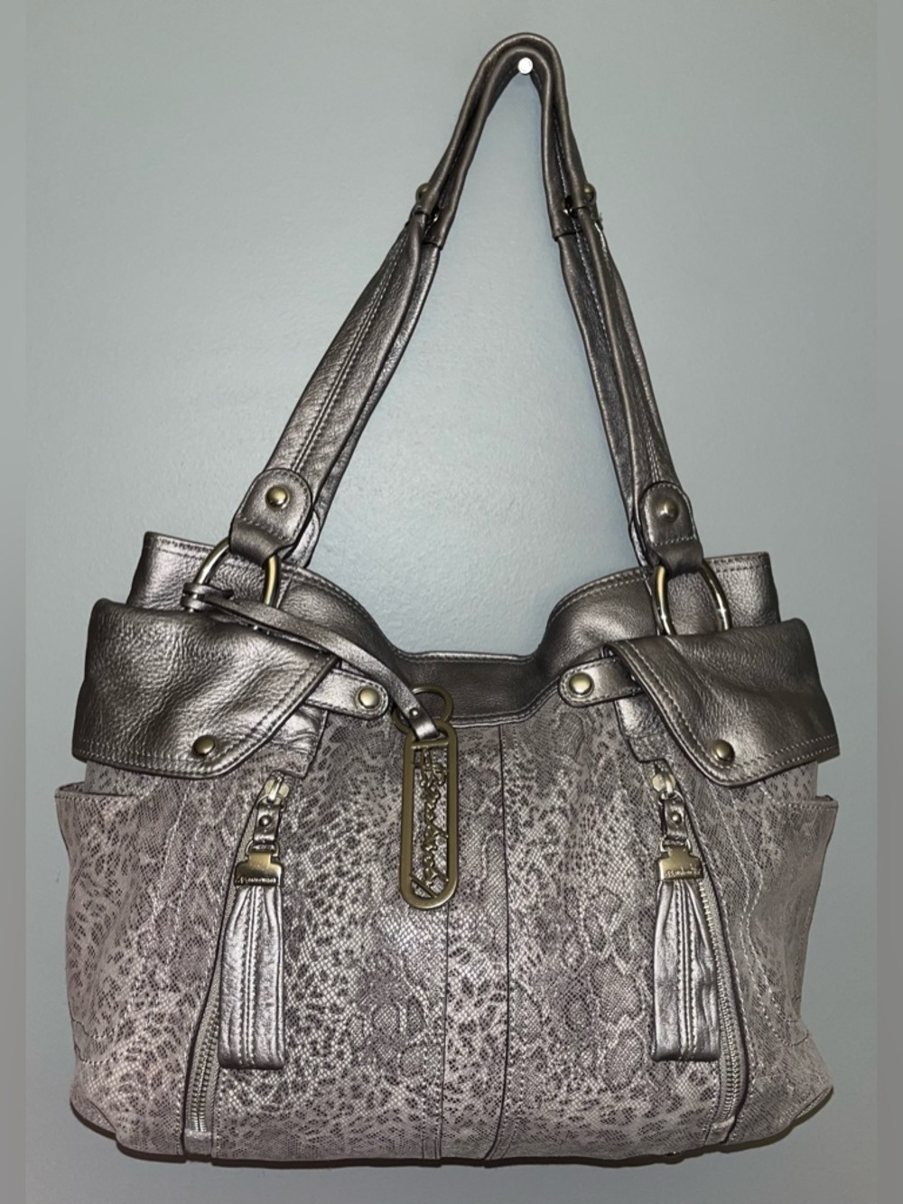 B Makowsky Metallic Silver & Gray Snake-Print Leather Shoulder Handbag Tote